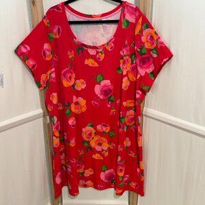 ISAAC MIZRAHI Sz 4X Red with Pink & Coral Roses Short Sleeve Dress with Pockets
